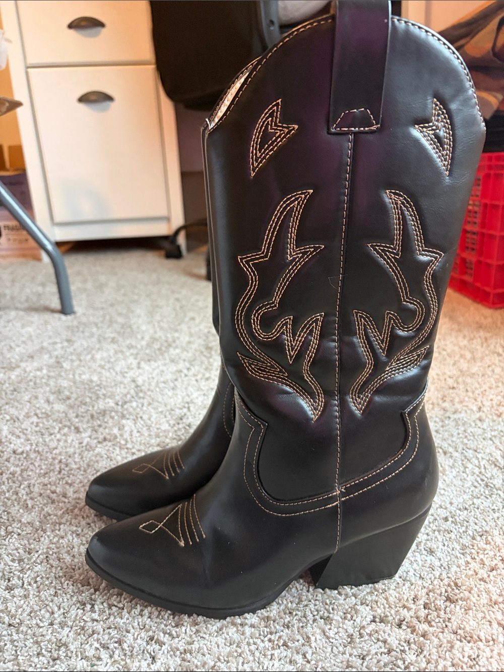 Soda Black Western Embroidered Mid-Calf Heeled Boots